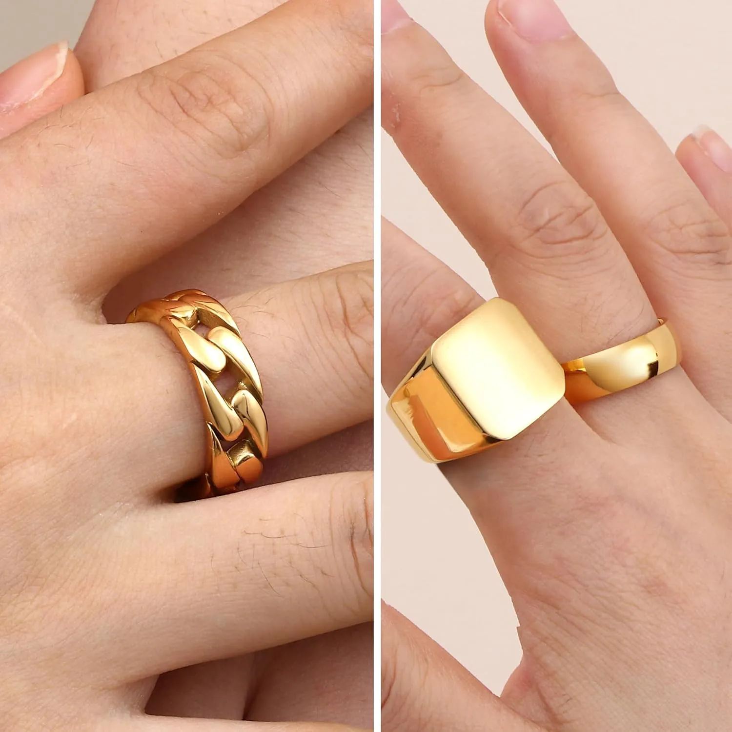 Sanfenly 5 PCS 14K Gold Rings for Men Mens Gold Ring Mens Stainless Steel Rings Square Signet Rings Pinky Thumb Ring Chunky Thick Band Cuban Link Chain Ring Cool Finger Ring Wedding Band Ring for MenSize 7-15