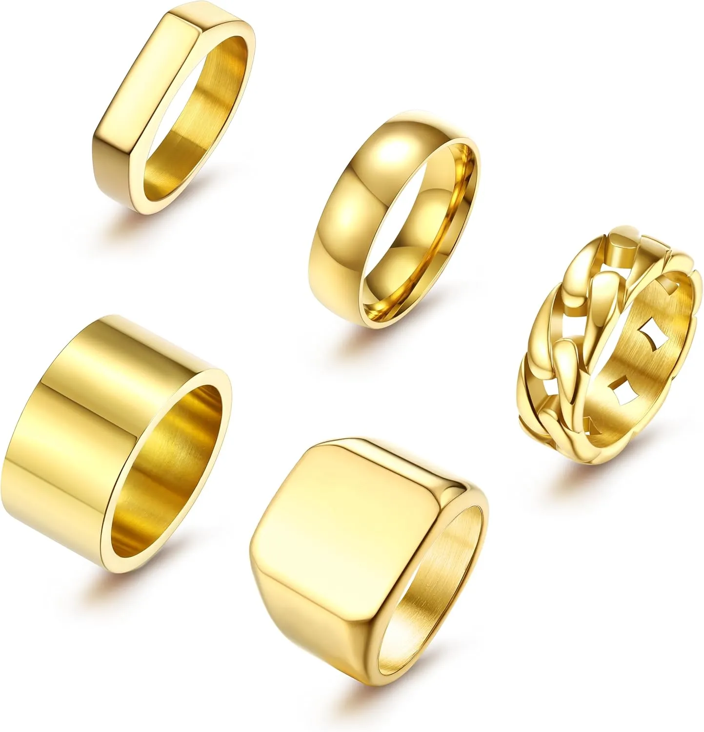 Sanfenly 5 PCS 14K Gold Rings for Men Mens Gold Ring Mens Stainless Steel Rings Square Signet Rings Pinky Thumb Ring Chunky Thick Band Cuban Link Chain Ring Cool Finger Ring Wedding Band Ring for MenSize 7-15