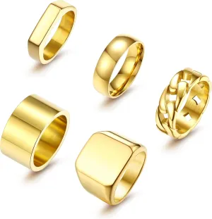 Sanfenly 5 PCS 14K Gold Rings for Men Mens Gold Ring Mens Stainless Steel Rings Square Signet Rings Pinky Thumb Ring Chunky Thick Band Cuban Link Chain Ring Cool Finger Ring Wedding Band Ring for MenSize 7-15