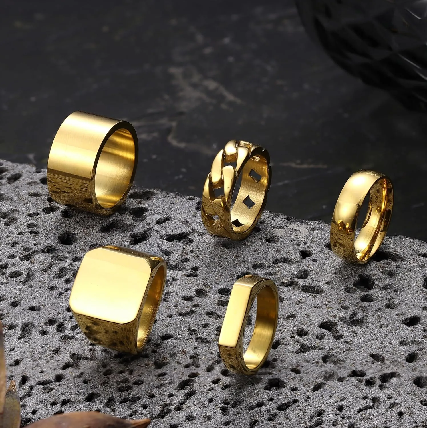 Sanfenly 5 PCS 14K Gold Rings for Men Mens Gold Ring Mens Stainless Steel Rings Square Signet Rings Pinky Thumb Ring Chunky Thick Band Cuban Link Chain Ring Cool Finger Ring Wedding Band Ring for MenSize 7-15