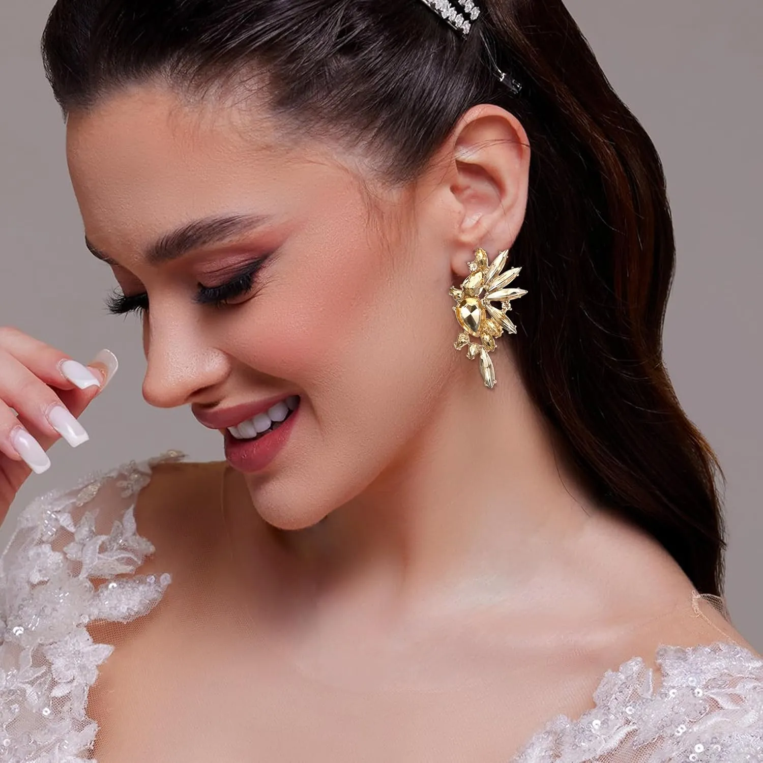 Sanfenly Clip On Earrings Women Dangle, Large Long Dangling Non Pierced Earrings Elegant Formal Big Bling Rhinestone Crystal Simulated Diamond Clip Earrings for Women Non Pierced Ears