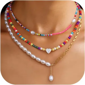 Sanfenly Colorful Beaded Necklace, 18k Gold Plated Boho Layered Pearl Bead Necklace Handmade Beach Summer Surfer Women's Choker Necklaces Shell Flower Heart Trendy Cute Long Necklaces For Women Jewelry Gift