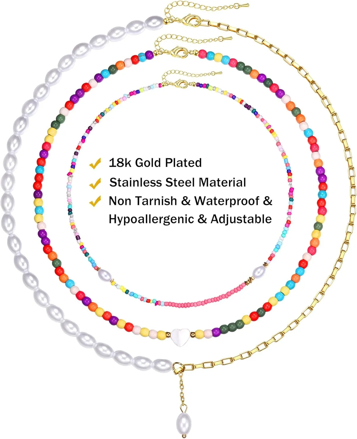 Sanfenly Colorful Beaded Necklace, 18k Gold Plated Boho Layered Pearl Bead Necklace Handmade Beach Summer Surfer Women's Choker Necklaces Shell Flower Heart Trendy Cute Long Necklaces For Women Jewelry Gift