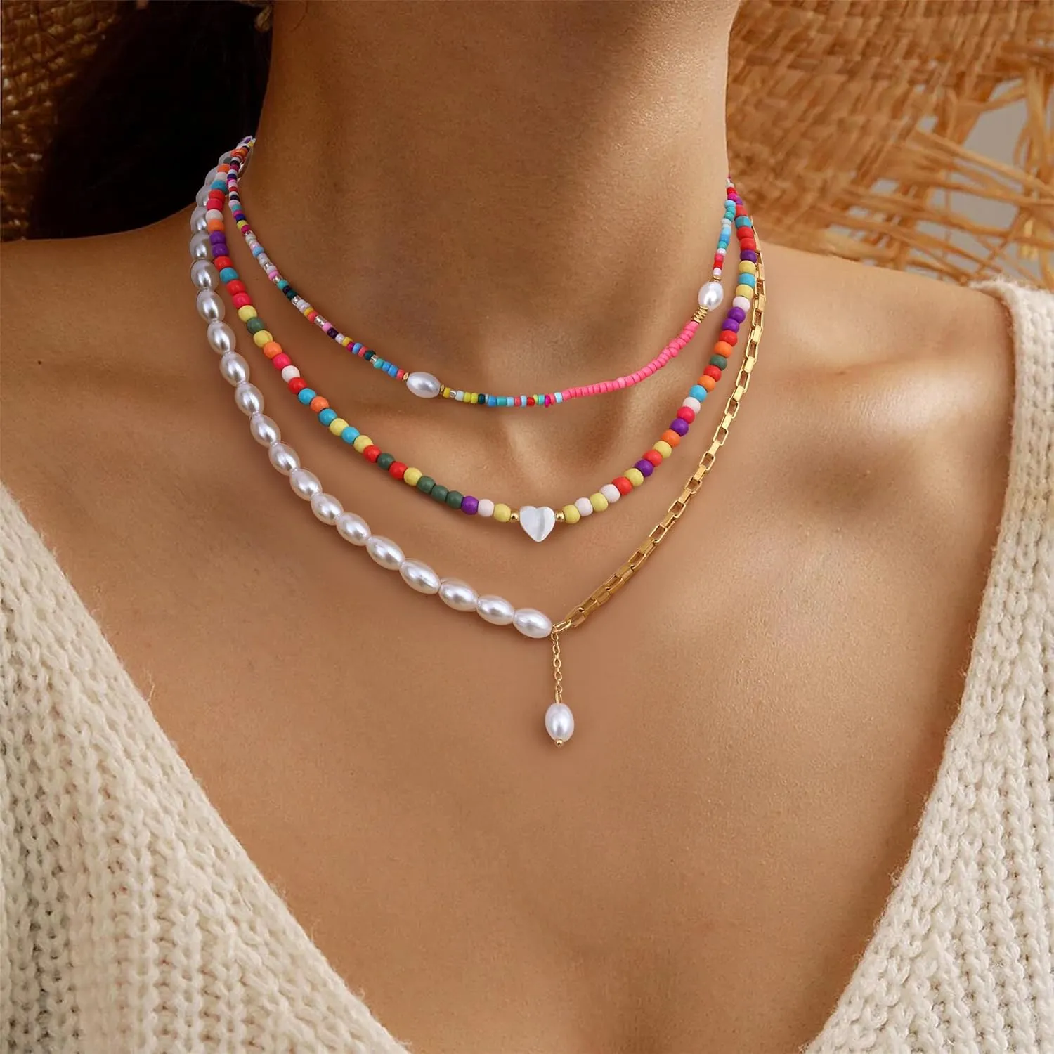 Sanfenly Colorful Beaded Necklace, 18k Gold Plated Boho Layered Pearl Bead Necklace Handmade Beach Summer Surfer Women's Choker Necklaces Shell Flower Heart Trendy Cute Long Necklaces For Women Jewelry Gift