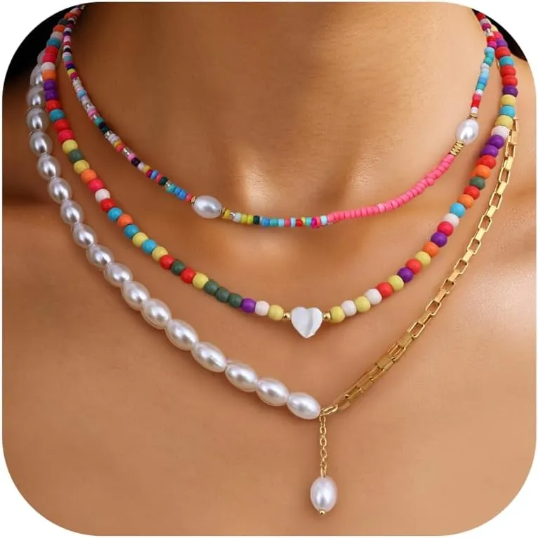 Sanfenly Colorful Beaded Necklace, 18k Gold Plated Boho Layered Pearl Bead Necklace Handmade Beach Summer Surfer Women's Choker Necklaces Shell Flower Heart Trendy Cute Long Necklaces For Women Jewelry Gift