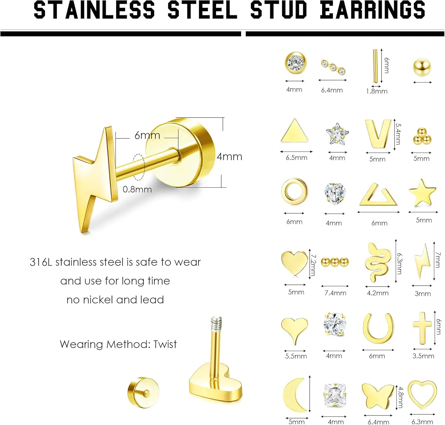 Sanfenly Flat Back Stud Earrings for Women Men Hypoallergenic 14K Gold Plated Surgical Stainless Steel Tiny Small Screw Back Stud Earring Sets Dainty 20g Cartilage Earring Pack Helix Piercing Jewelry