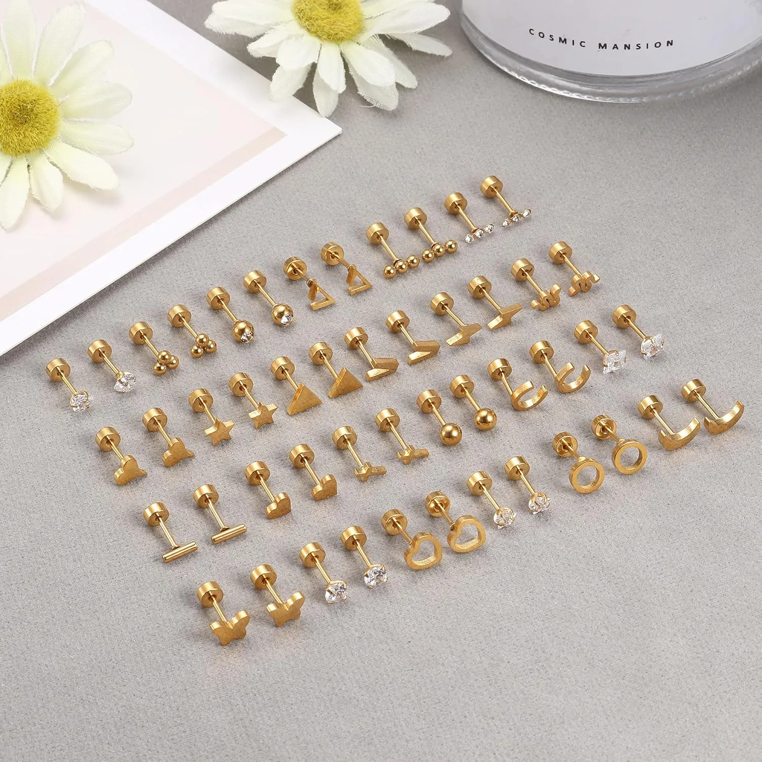 Sanfenly Flat Back Stud Earrings for Women Men Hypoallergenic 14K Gold Plated Surgical Stainless Steel Tiny Small Screw Back Stud Earring Sets Dainty 20g Cartilage Earring Pack Helix Piercing Jewelry