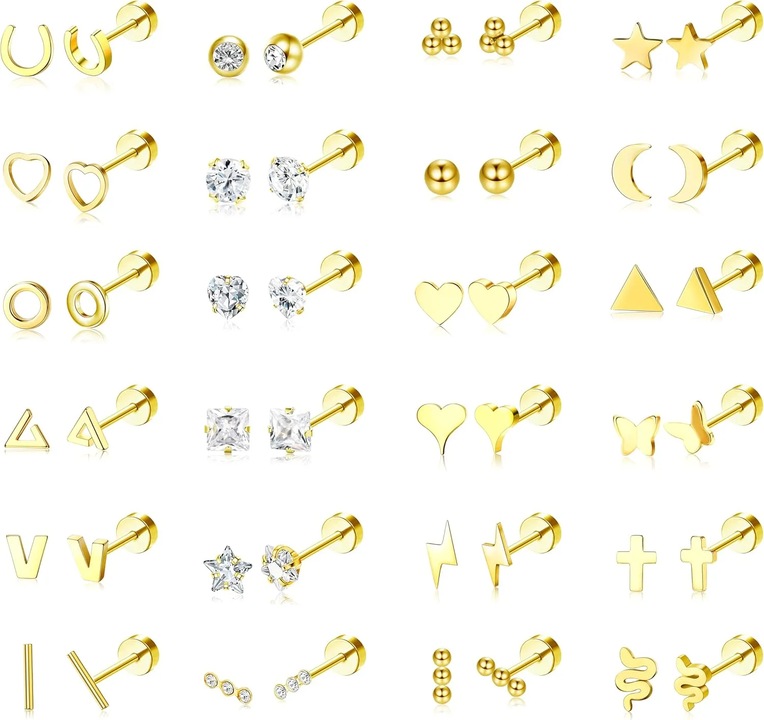Sanfenly Flat Back Stud Earrings for Women Men Hypoallergenic 14K Gold Plated Surgical Stainless Steel Tiny Small Screw Back Stud Earring Sets Dainty 20g Cartilage Earring Pack Helix Piercing Jewelry