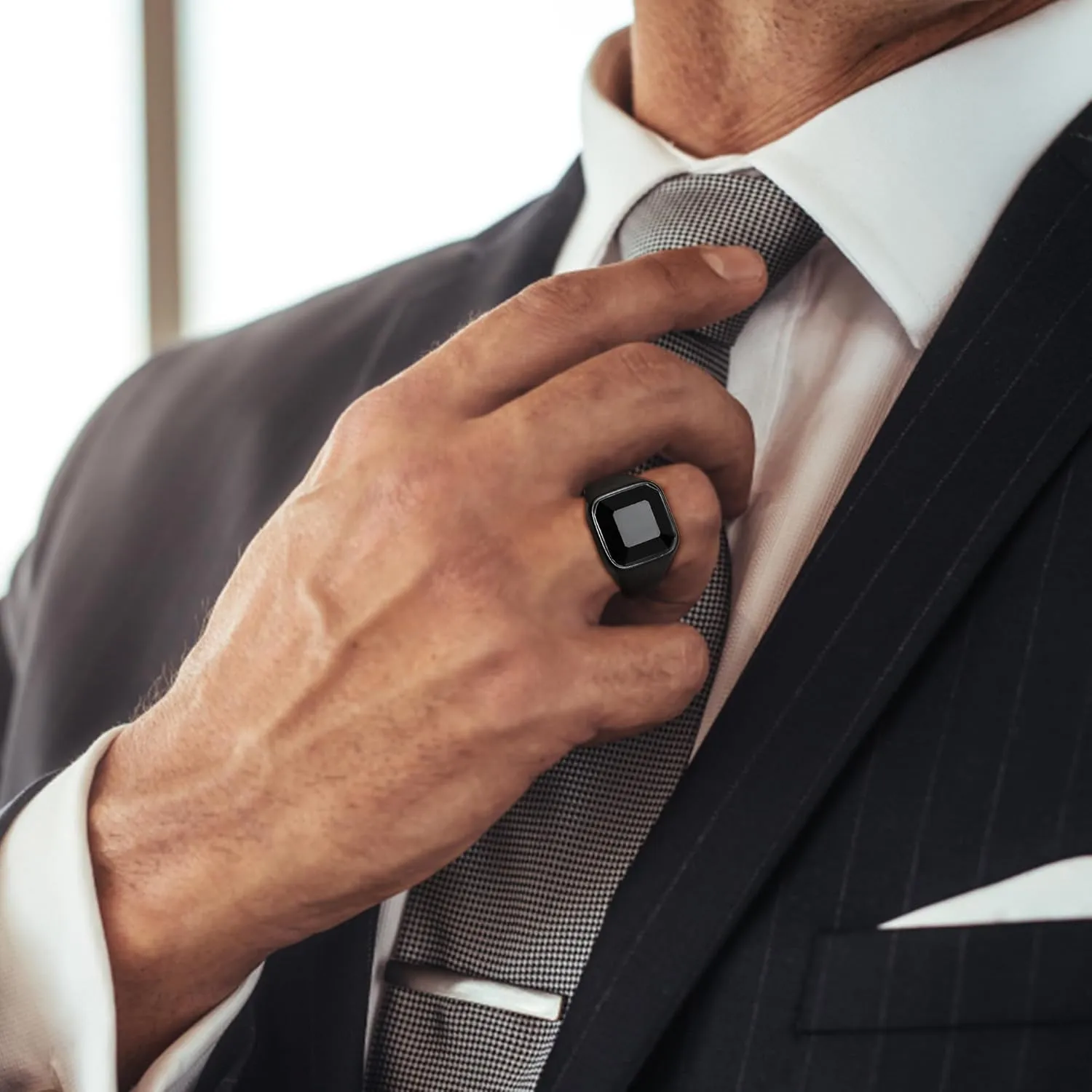 Sanfenly Men's Stainless Steel Wedding Band Rings - Black Onyx Signet & Chain Rings - Punk Biker Fashion Jewelry Set - Size 7-15