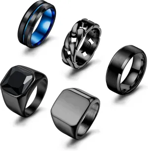Sanfenly Men's Stainless Steel Wedding Band Rings - Black Onyx Signet & Chain Rings - Punk Biker Fashion Jewelry Set - Size 7-15