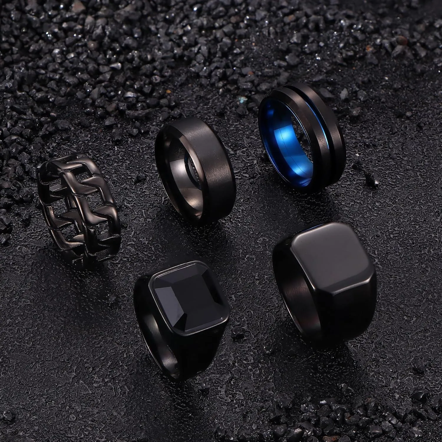 Sanfenly Men's Stainless Steel Wedding Band Rings - Black Onyx Signet & Chain Rings - Punk Biker Fashion Jewelry Set - Size 7-15