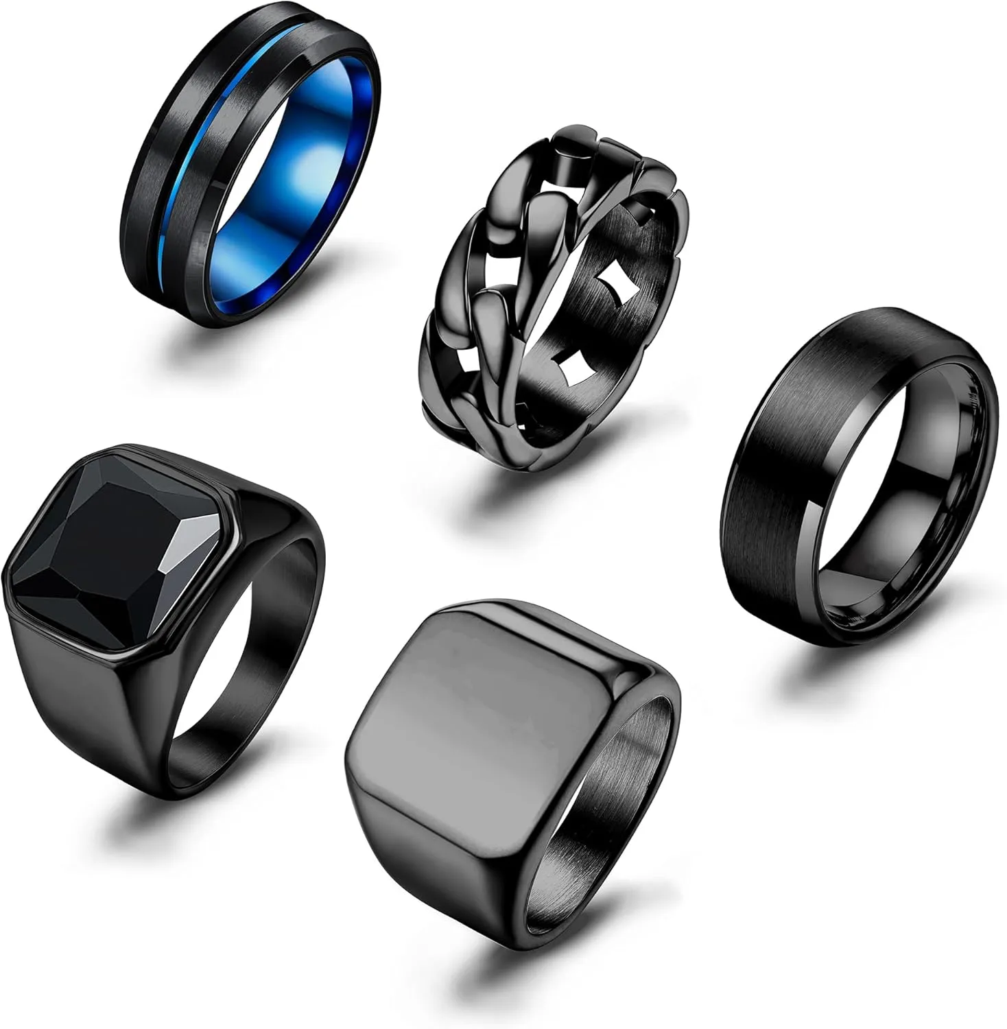 Sanfenly Men's Stainless Steel Wedding Band Rings - Black Onyx Signet & Chain Rings - Punk Biker Fashion Jewelry Set - Size 7-15