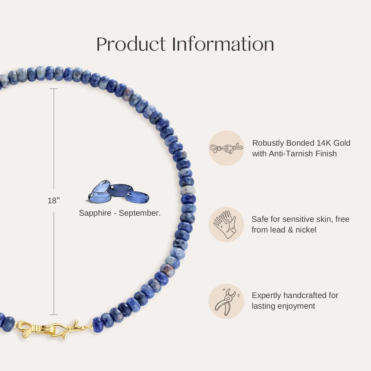 Sapphire Gemstone Beaded Choker Necklace for Women 14K Gold Bow Birthstone Beads Chokers
