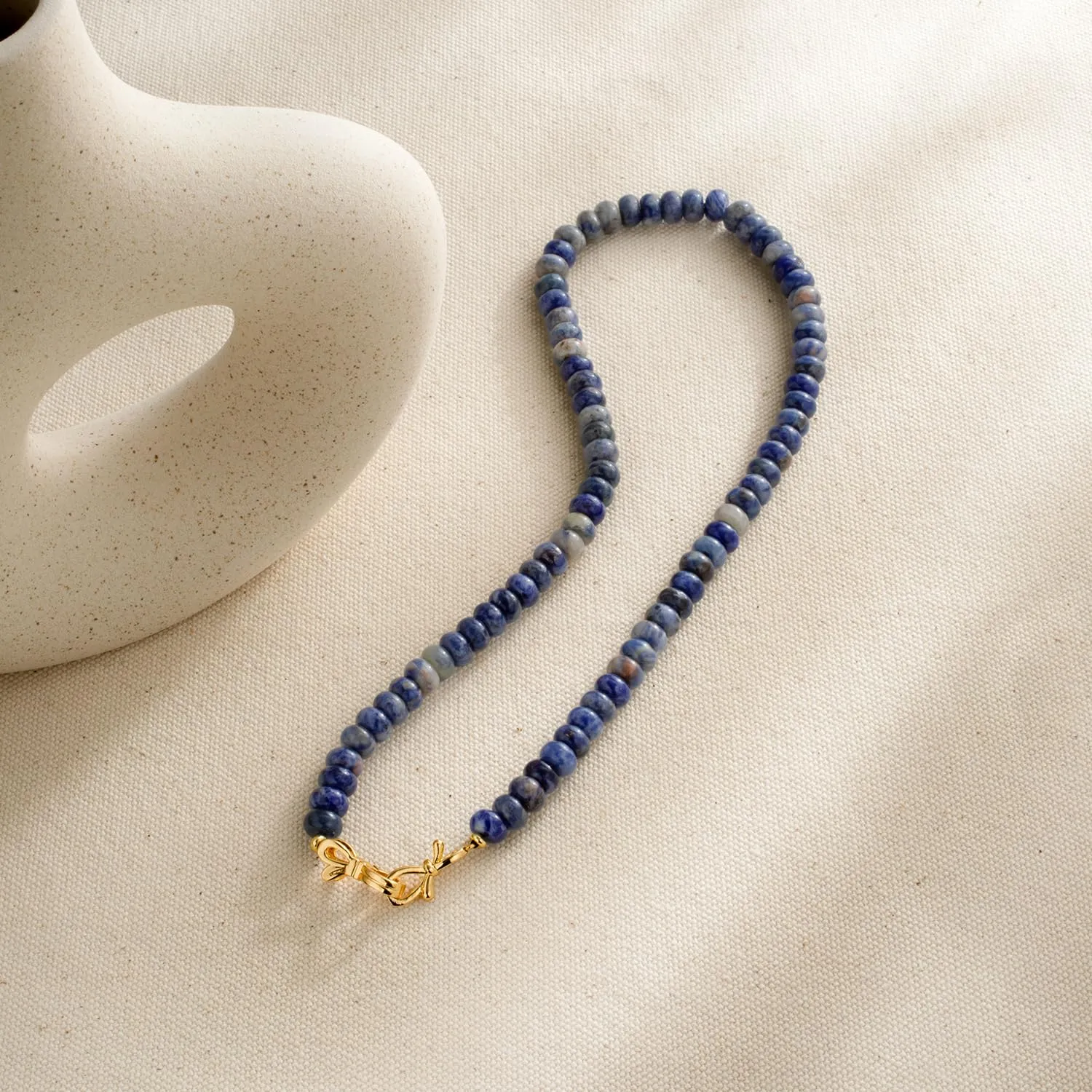 Sapphire Gemstone Beaded Choker Necklace for Women 14K Gold Bow Birthstone Beads Chokers