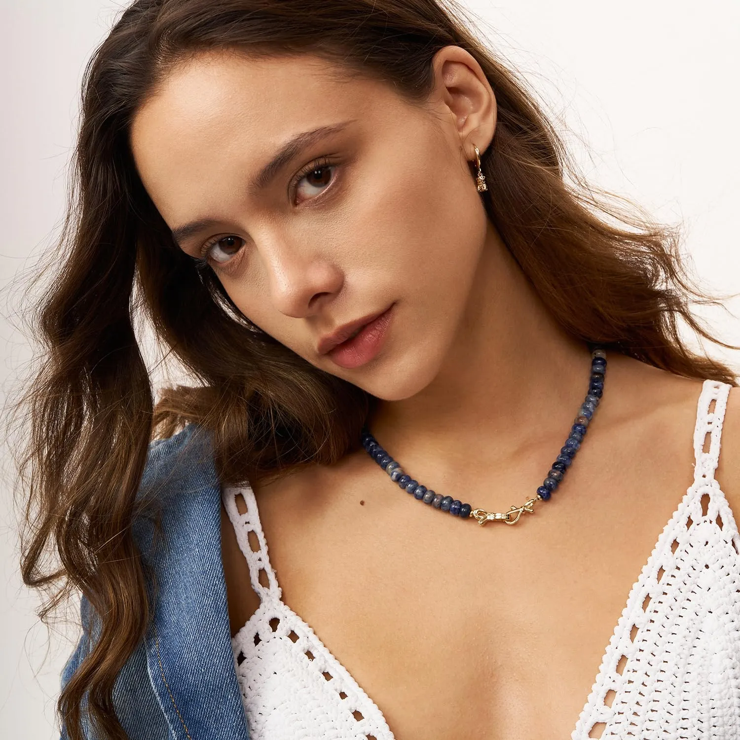 Sapphire Gemstone Beaded Choker Necklace for Women 14K Gold Bow Birthstone Beads Chokers