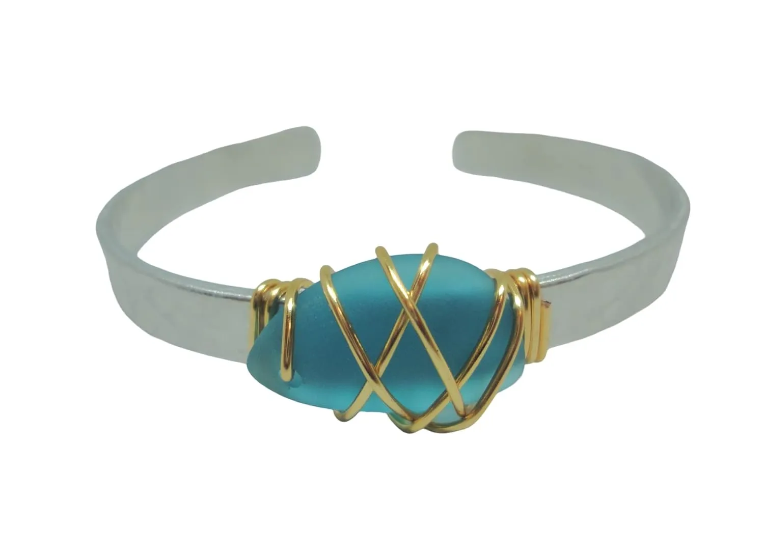 Sea Glass Cuff Bracelet-Gold and Silver Handmade Wire Wrapped Beach Glass Bangle-Mixed Metal Sea Glass Beach Bracelet (Pacific Blue)