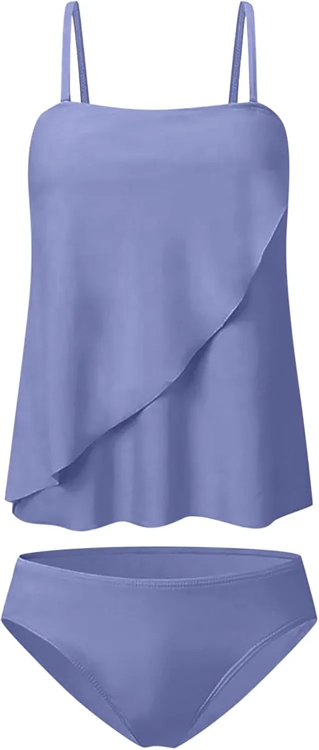 SEAOPEN Two Piece Tankini Bathing Suits for Women Flyaway Bandeau Top with Bikini Bottom Swimsuit Strapless Swimwear