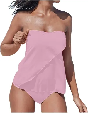 SEAOPEN Two Piece Tankini Bathing Suits for Women Flyaway Bandeau Top with Bikini Bottom Swimsuit Strapless Swimwear