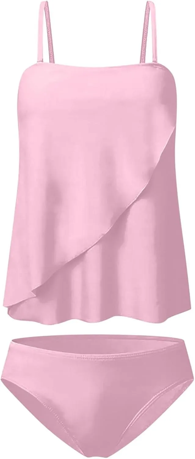 SEAOPEN Two Piece Tankini Bathing Suits for Women Flyaway Bandeau Top with Bikini Bottom Swimsuit Strapless Swimwear
