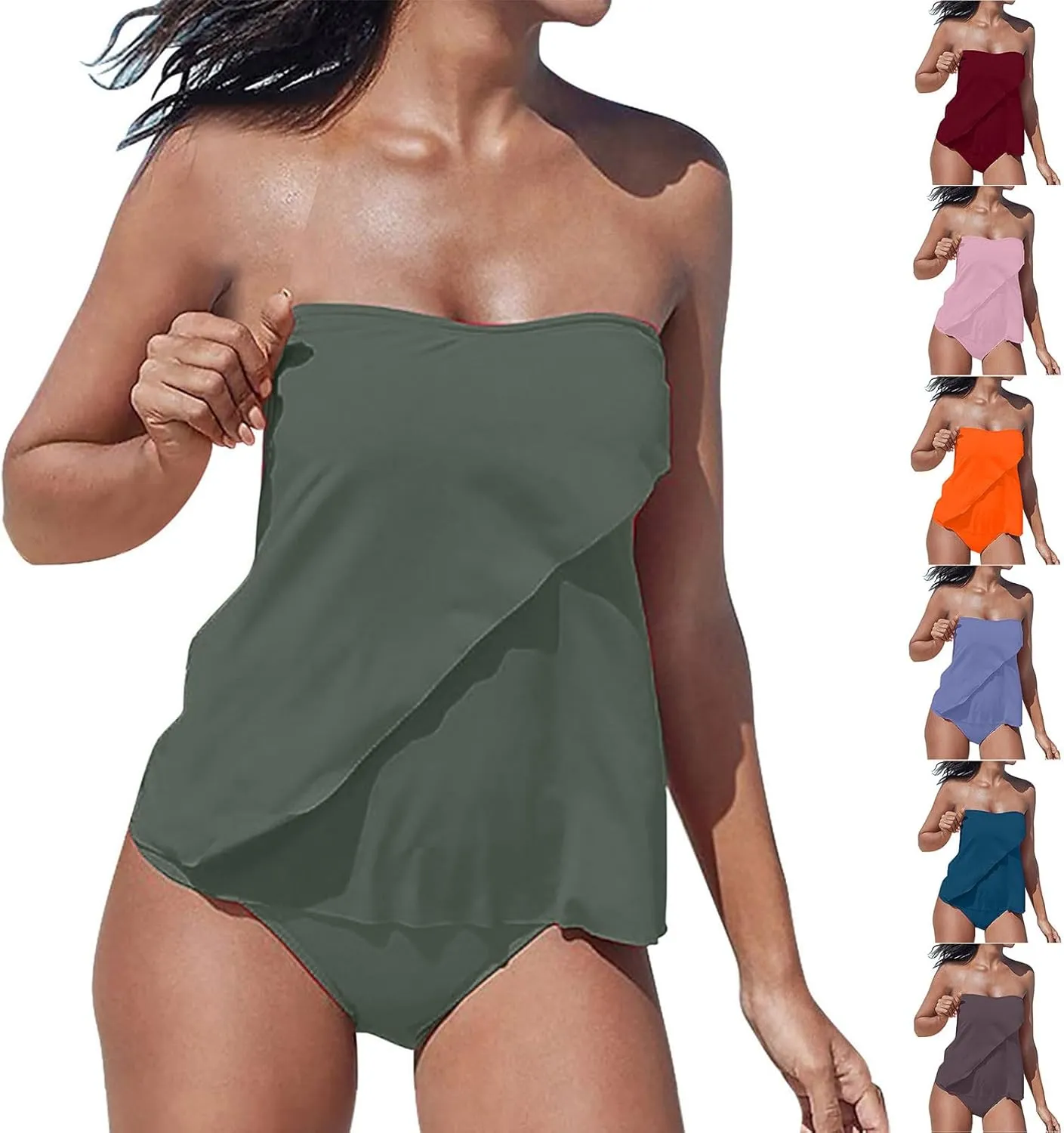 SEAOPEN Two Piece Tankini Bathing Suits for Women Flyaway Bandeau Top with Bikini Bottom Swimsuit Strapless Swimwear