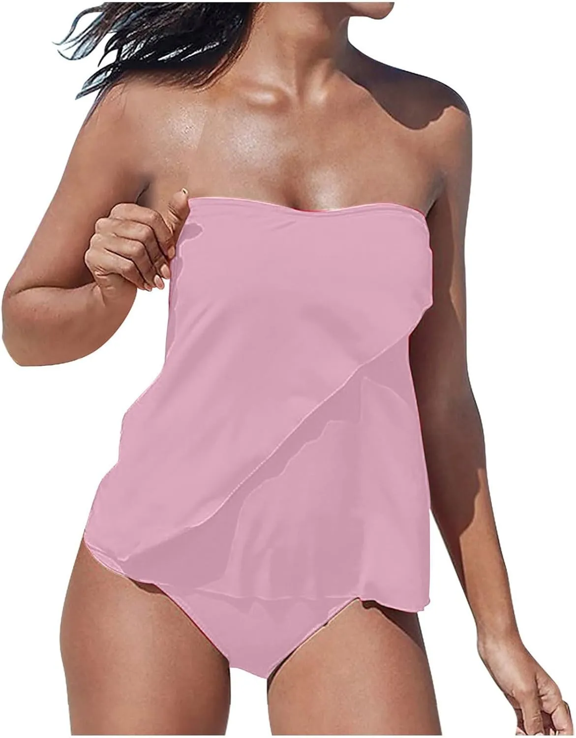 SEAOPEN Two Piece Tankini Bathing Suits for Women Flyaway Bandeau Top with Bikini Bottom Swimsuit Strapless Swimwear