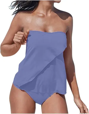 SEAOPEN Two Piece Tankini Bathing Suits for Women Flyaway Bandeau Top with Bikini Bottom Swimsuit Strapless Swimwear
