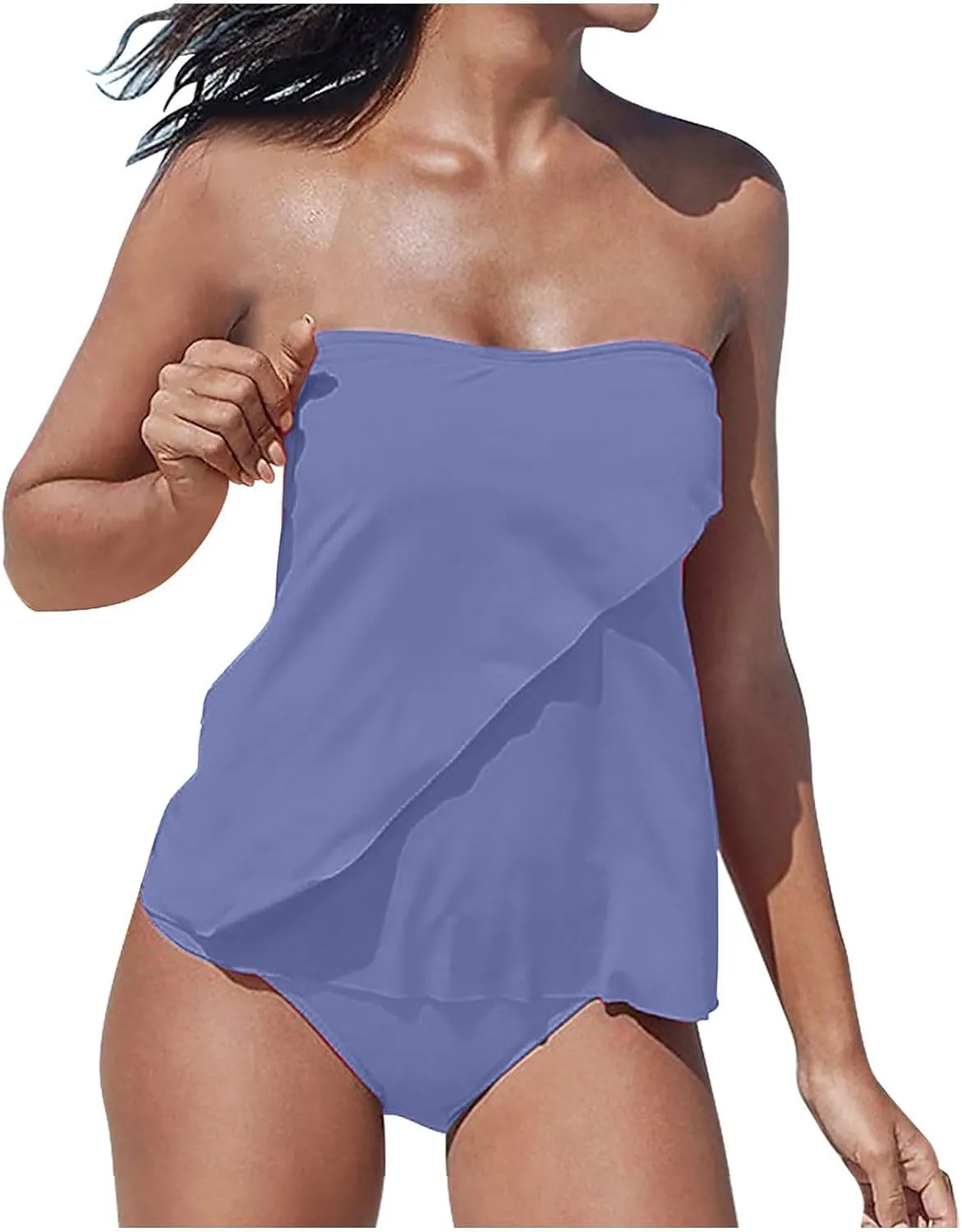 SEAOPEN Two Piece Tankini Bathing Suits for Women Flyaway Bandeau Top with Bikini Bottom Swimsuit Strapless Swimwear