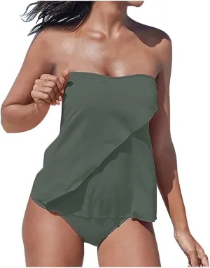 SEAOPEN Two Piece Tankini Bathing Suits for Women Flyaway Bandeau Top with Bikini Bottom Swimsuit Strapless Swimwear