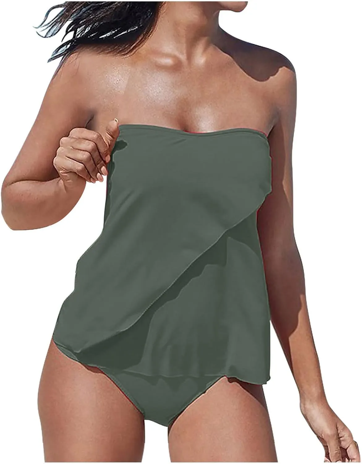 SEAOPEN Two Piece Tankini Bathing Suits for Women Flyaway Bandeau Top with Bikini Bottom Swimsuit Strapless Swimwear