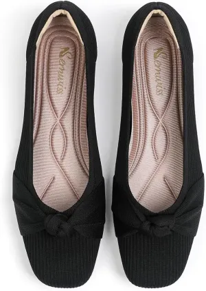 SemwissWomen Ballet Flats Square Toe Comfortable Dressy Slip on mesh Knitted Flat with Bow Office Shoes.