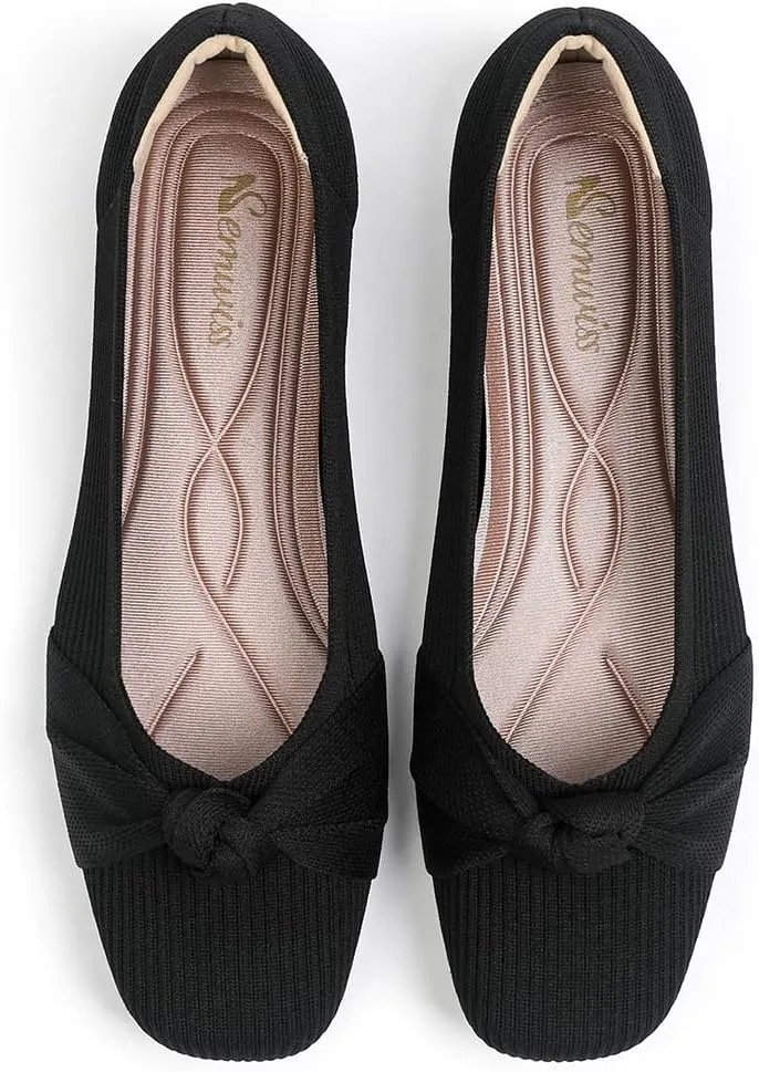 SemwissWomen Ballet Flats Square Toe Comfortable Dressy Slip on mesh Knitted Flat with Bow Office Shoes.
