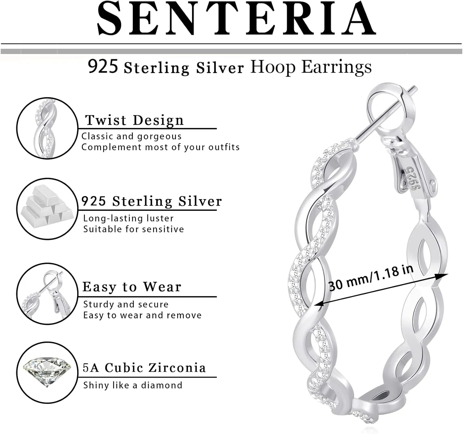 Senteria 925 Sterling Silver Earrings Hoops for Women Lightweight Twisted Hoop Earrings With Cubic Zirconia Hypoallergenic Hoops Earrings (20/30/40/50/60MM)