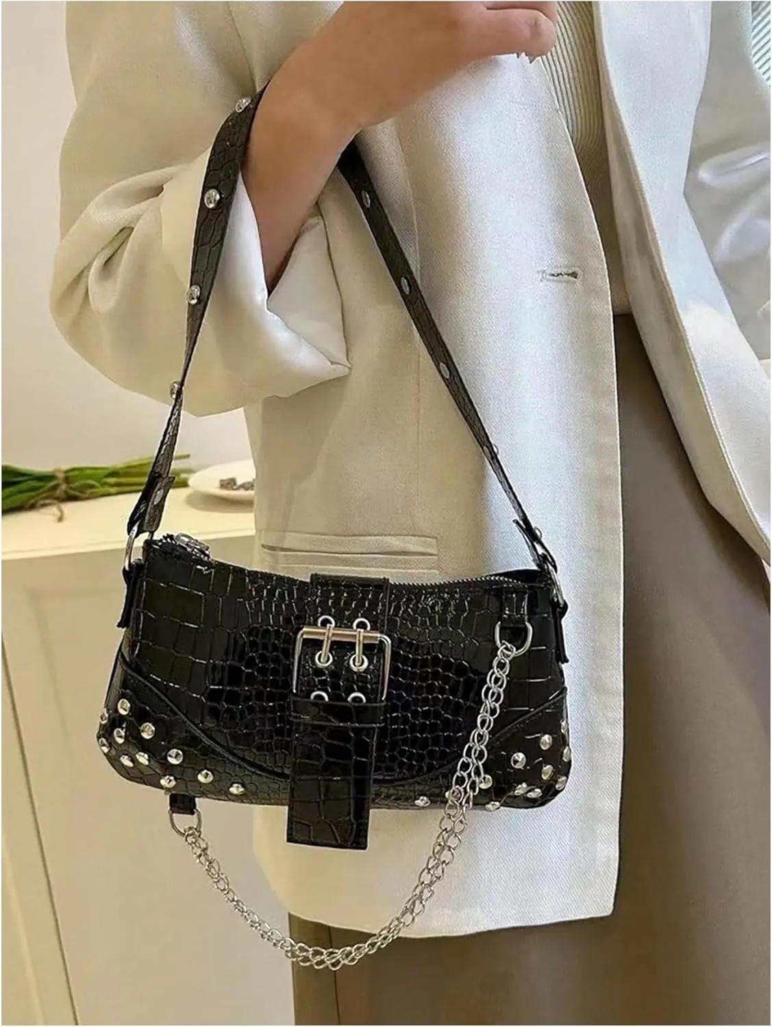 SHENHE Women's Punk Crocodile Purse Rivet Studded Satchel Handbag PU Leather Small Shoulder Bag
