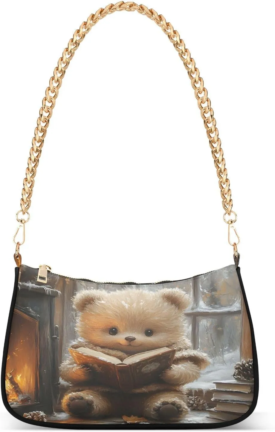 Shoulder Bags for Women Bear Reading Hobo Tote Handbag Small Clutch Purse with Zipper Closure