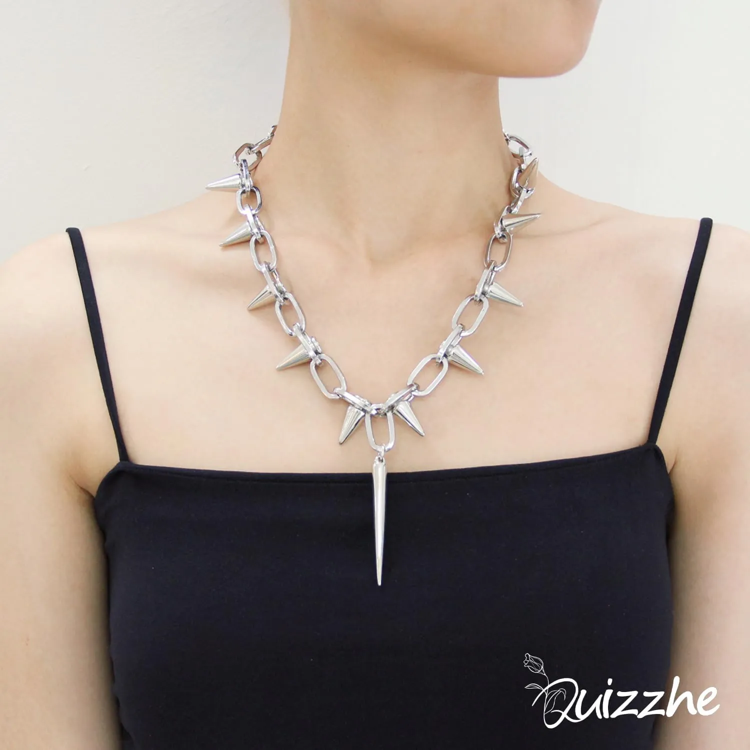 Silver Punk Spiked Chokers Necklaces Rivet Goth Necklaces Chokers with Spikes and Chain Streetwear jewelry Metal Hard Rock Style Men Women Party Night Club Costume Accessories