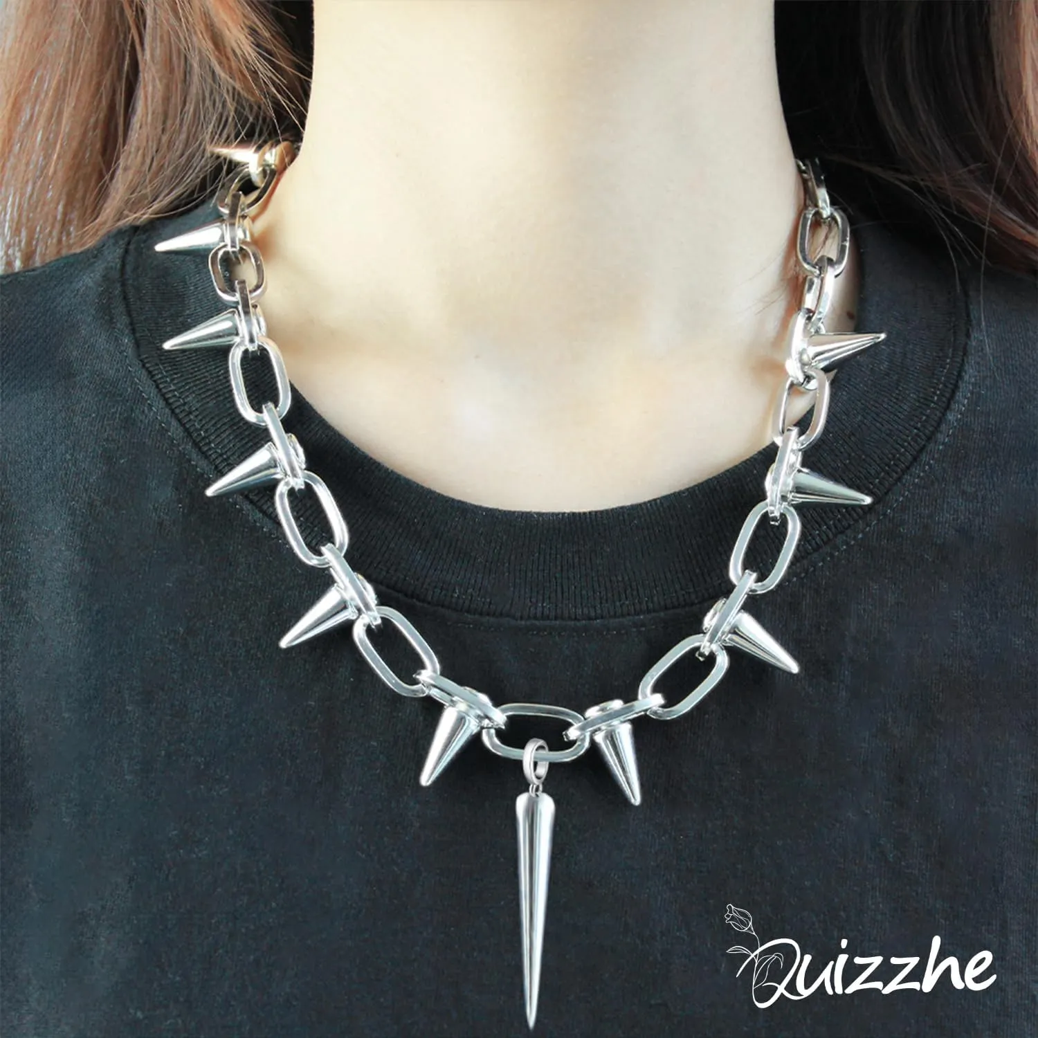 Silver Punk Spiked Chokers Necklaces Rivet Goth Necklaces Chokers with Spikes and Chain Streetwear jewelry Metal Hard Rock Style Men Women Party Night Club Costume Accessories