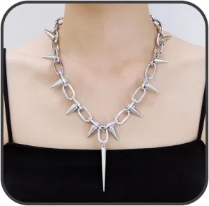 Silver Punk Spiked Chokers Necklaces Rivet Goth Necklaces Chokers with Spikes and Chain Streetwear jewelry Metal Hard Rock Style Men Women Party Night Club Costume Accessories