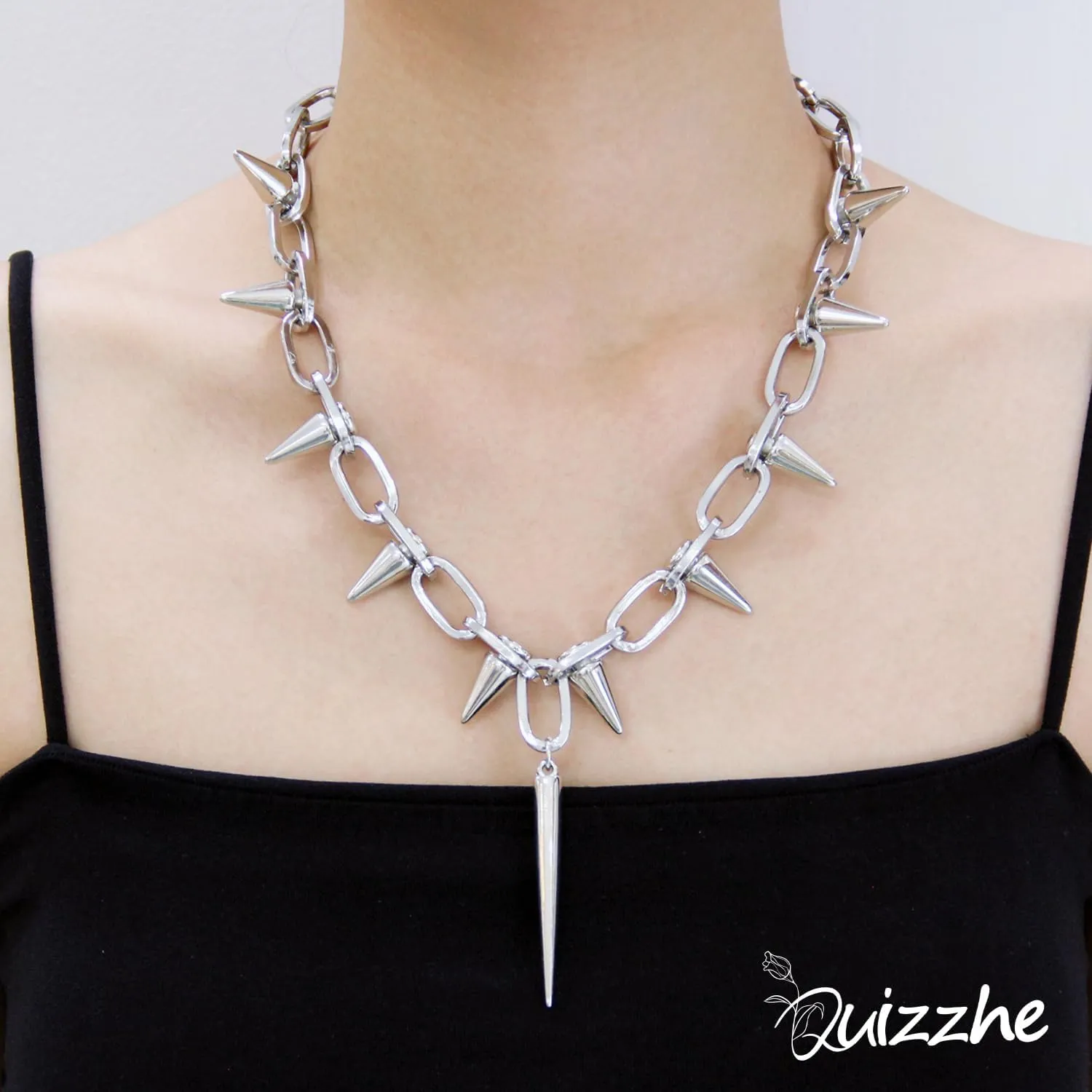 Silver Punk Spiked Chokers Necklaces Rivet Goth Necklaces Chokers with Spikes and Chain Streetwear jewelry Metal Hard Rock Style Men Women Party Night Club Costume Accessories