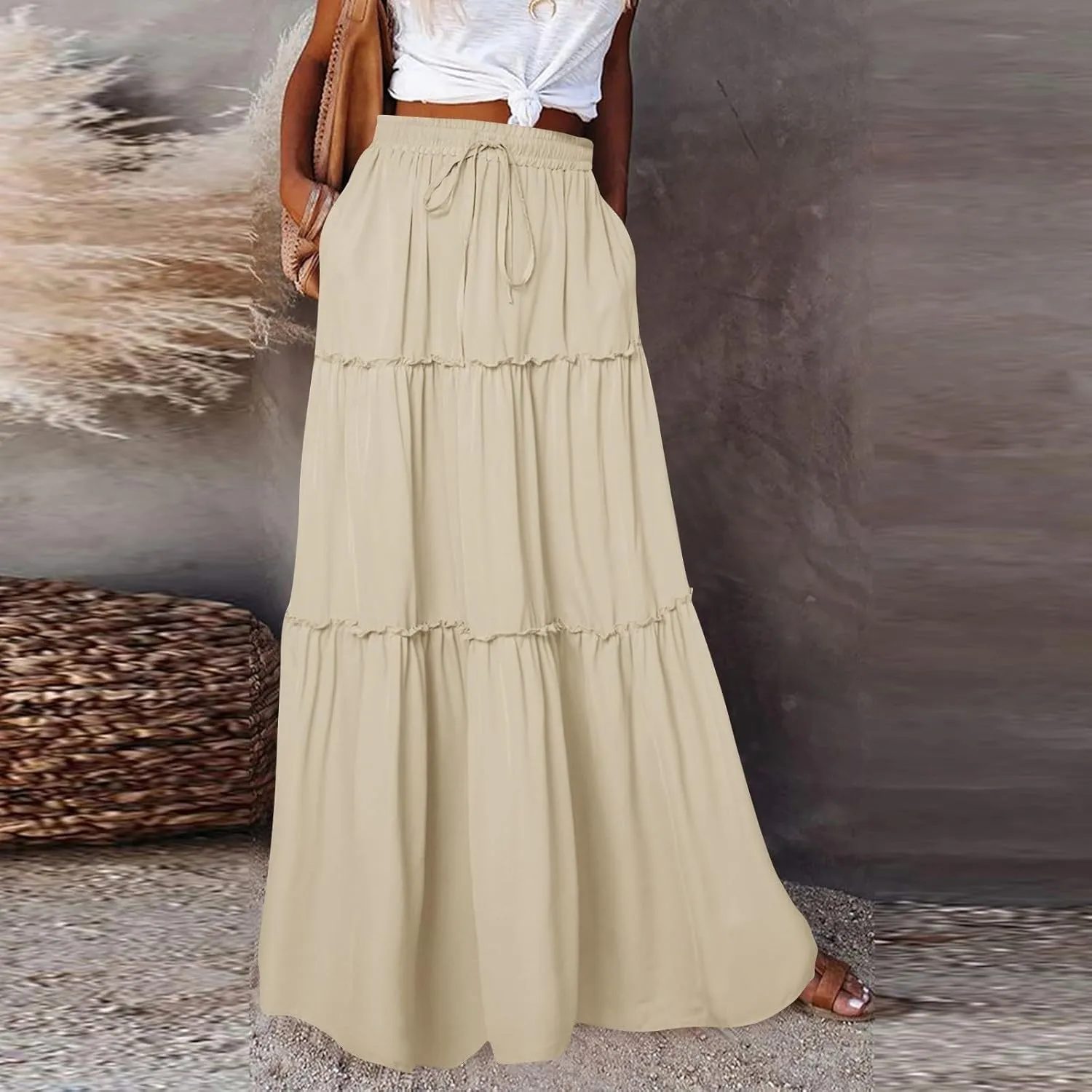 Skirts for Women Summer Flowy Tiered Elastic High Waisted Skirt Vacation Swing Long Solid/Floral Maxi Skirts