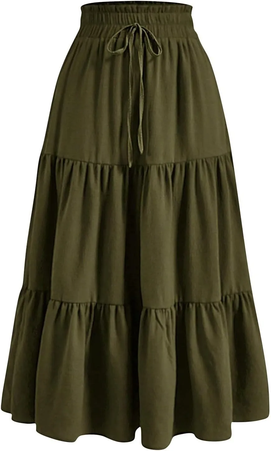 Skirts for Women Summer Flowy Tiered Elastic High Waisted Vacation Skirt A-Line Swing Long Floral Midi Skirts
