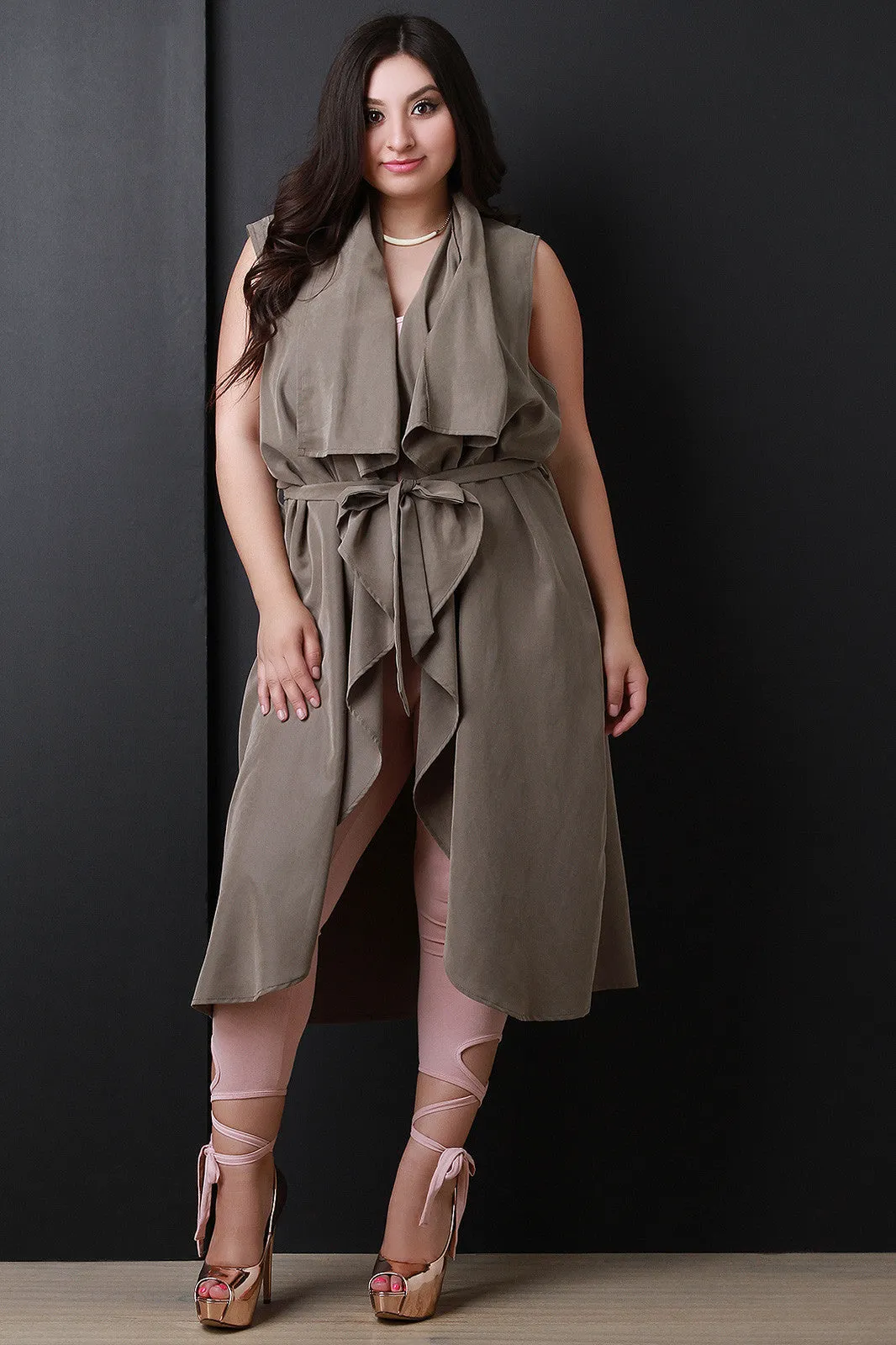 Sleeveless Draped Collar Belted Maxi Vest