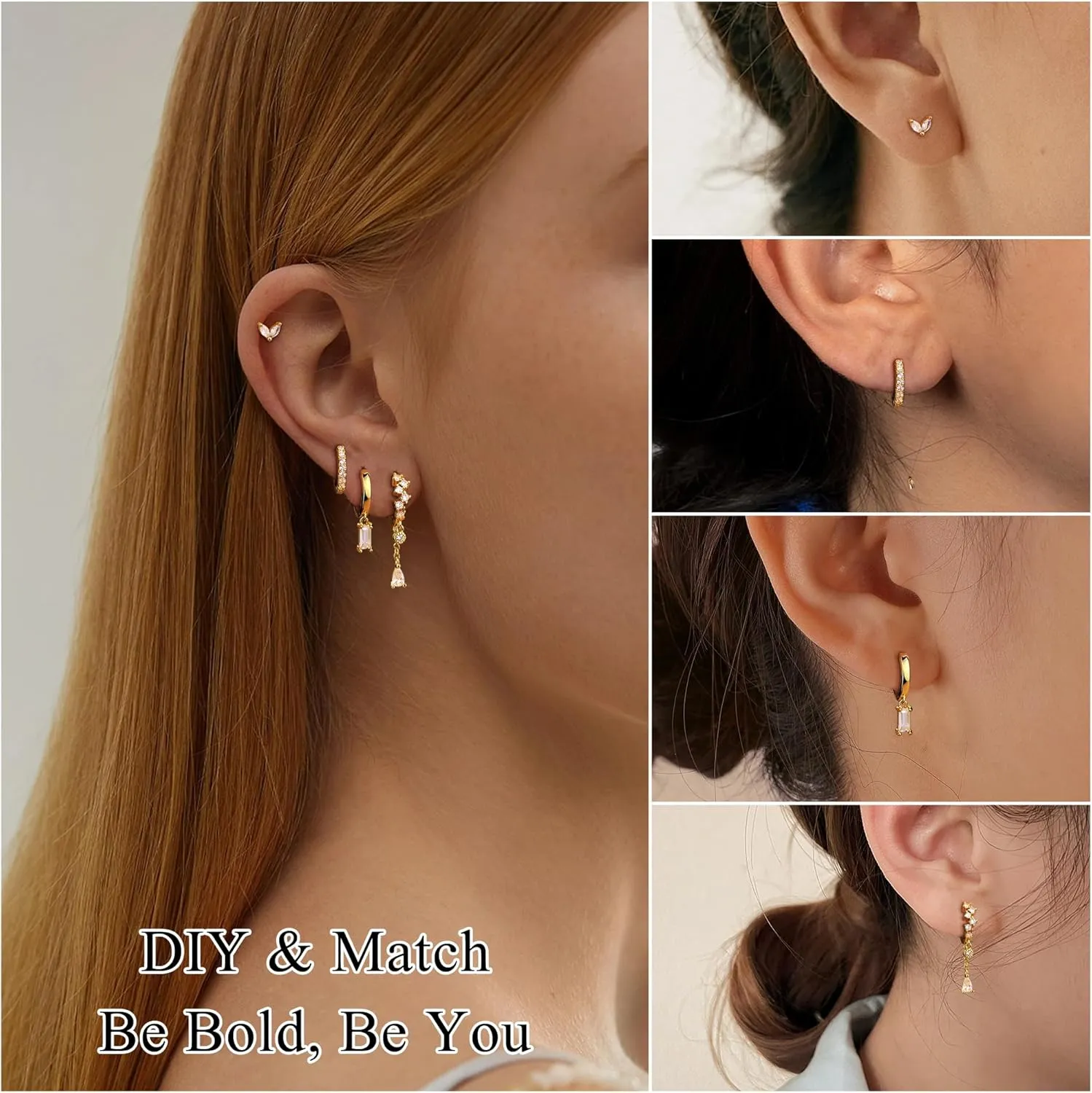 Small Gold Dangle Earrings for Women - Hypoallergenic 14K Gold Plated Huggie Hoop Earring Studs Stack Set Dainty Drop CZ Pearl Surgical Stainless Steel Jewelry with Charm