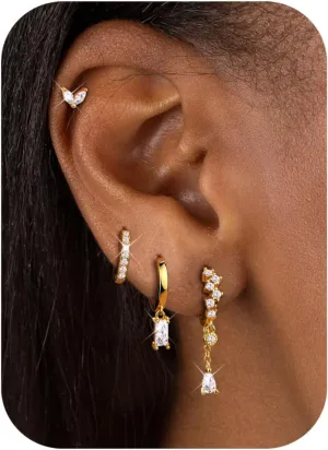 Small Gold Dangle Earrings for Women - Hypoallergenic 14K Gold Plated Huggie Hoop Earring Studs Stack Set Dainty Drop CZ Pearl Surgical Stainless Steel Jewelry with Charm