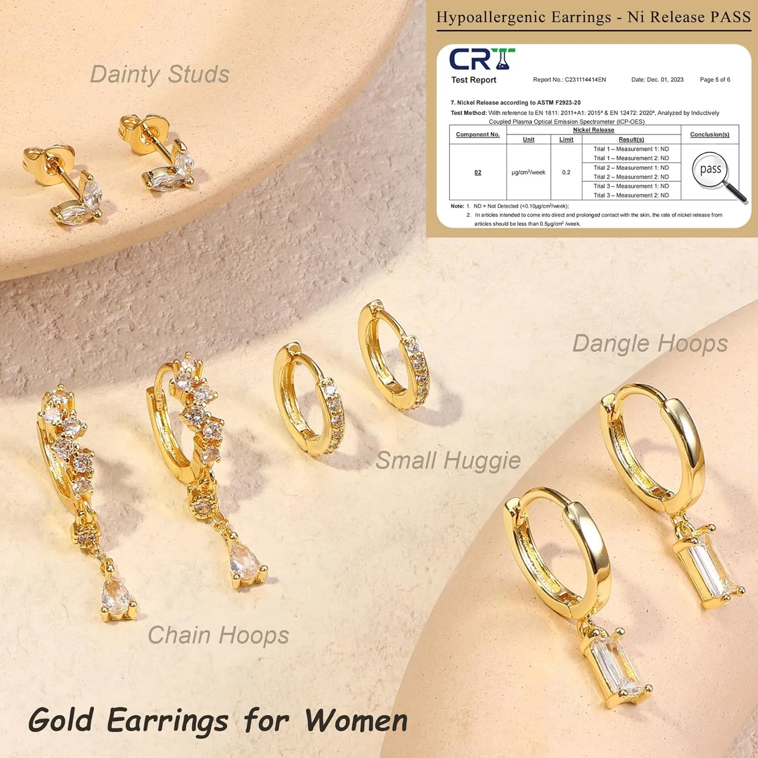 Small Gold Dangle Earrings for Women - Hypoallergenic 14K Gold Plated Huggie Hoop Earring Studs Stack Set Dainty Drop CZ Pearl Surgical Stainless Steel Jewelry with Charm