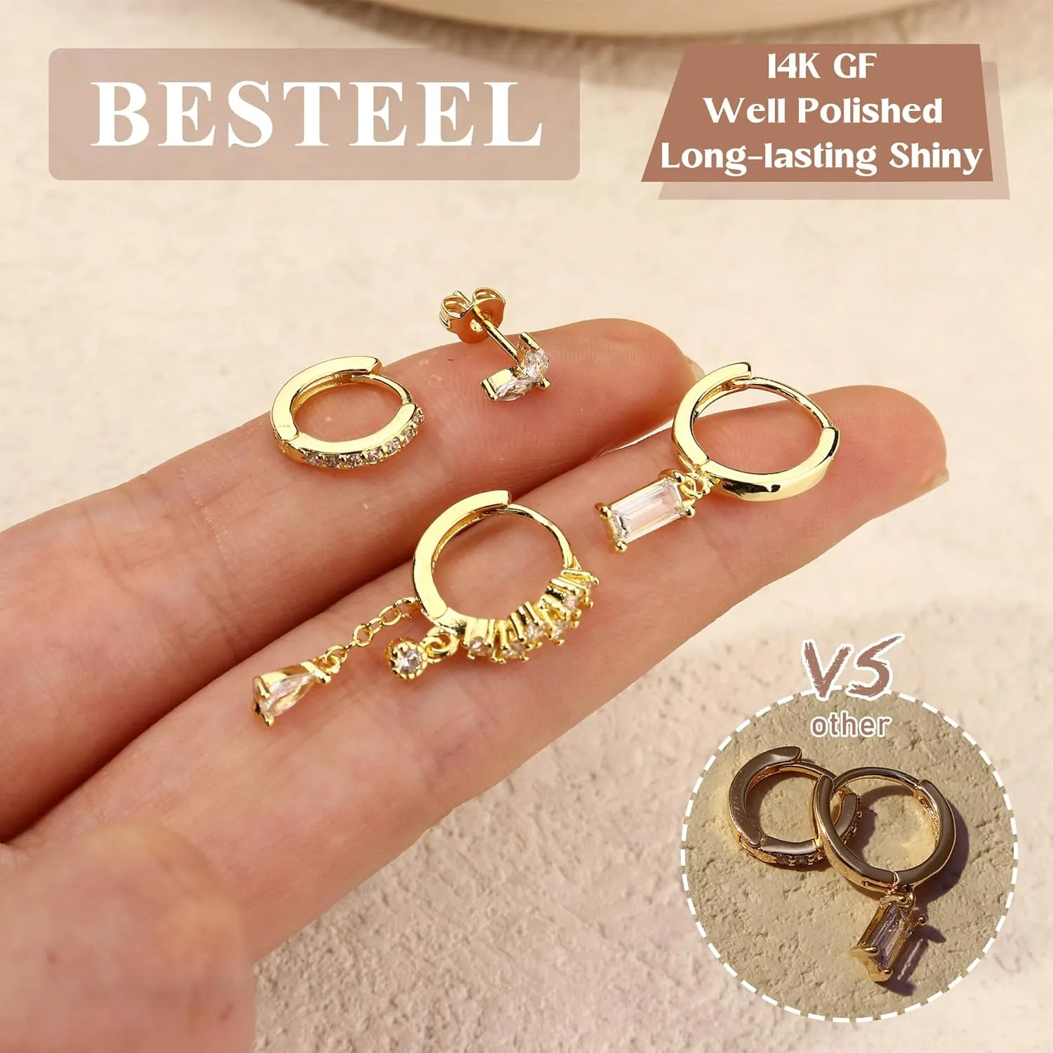 Small Gold Dangle Earrings for Women - Hypoallergenic 14K Gold Plated Huggie Hoop Earring Studs Stack Set Dainty Drop CZ Pearl Surgical Stainless Steel Jewelry with Charm