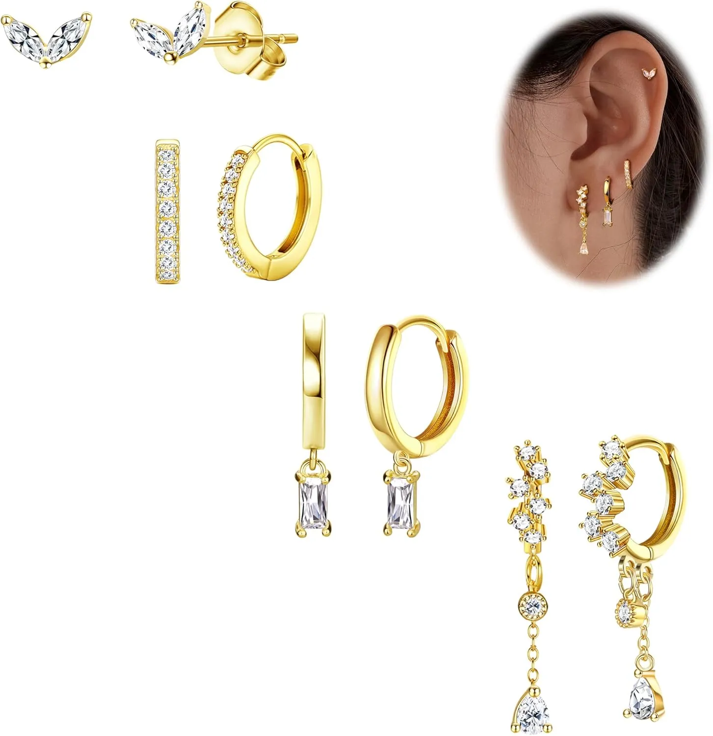 Small Gold Dangle Earrings for Women - Hypoallergenic 14K Gold Plated Huggie Hoop Earring Studs Stack Set Dainty Drop CZ Pearl Surgical Stainless Steel Jewelry with Charm