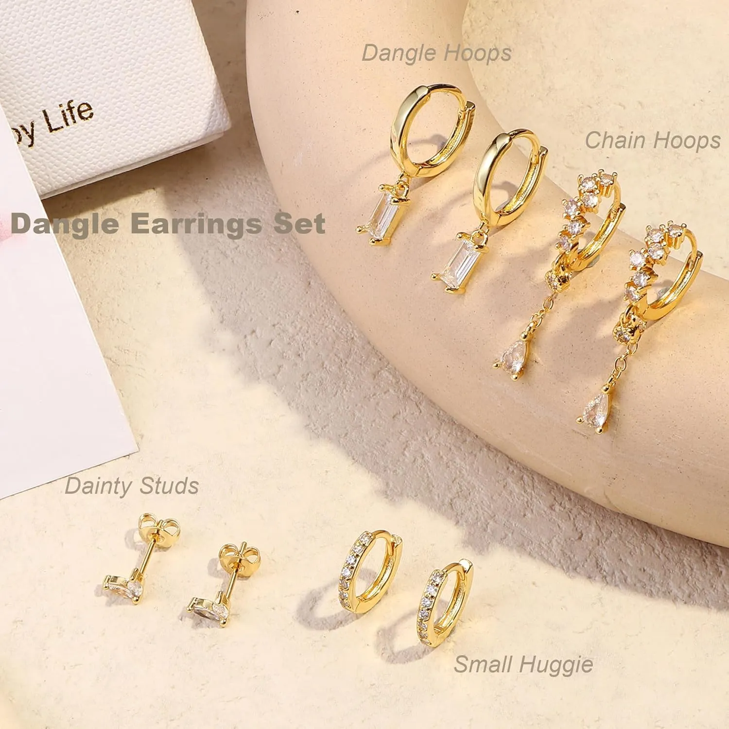 Small Gold Dangle Earrings for Women - Hypoallergenic 14K Gold Plated Huggie Hoop Earring Studs Stack Set Dainty Drop CZ Pearl Surgical Stainless Steel Jewelry with Charm