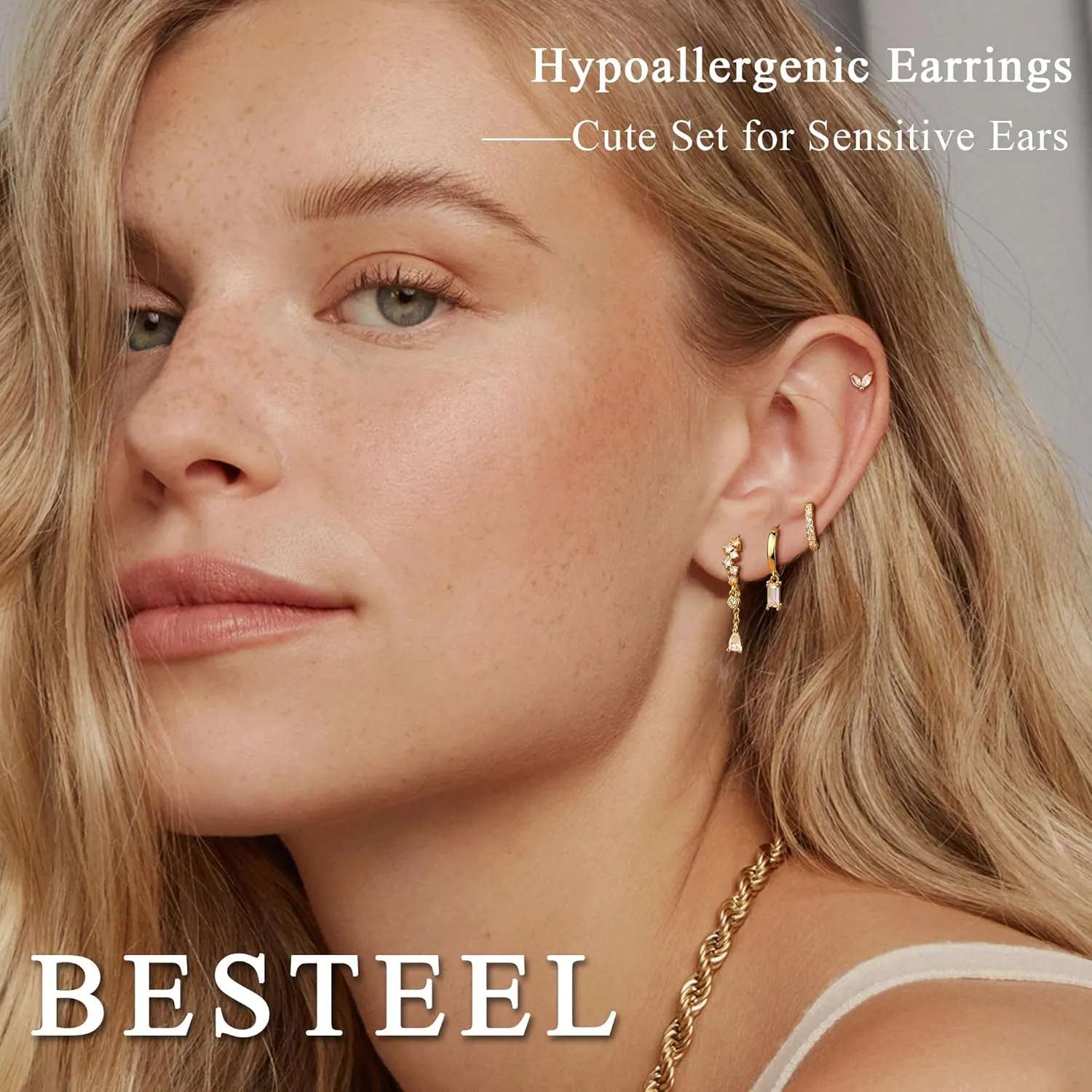 Small Gold Dangle Earrings for Women - Hypoallergenic 14K Gold Plated Huggie Hoop Earring Studs Stack Set Dainty Drop CZ Pearl Surgical Stainless Steel Jewelry with Charm
