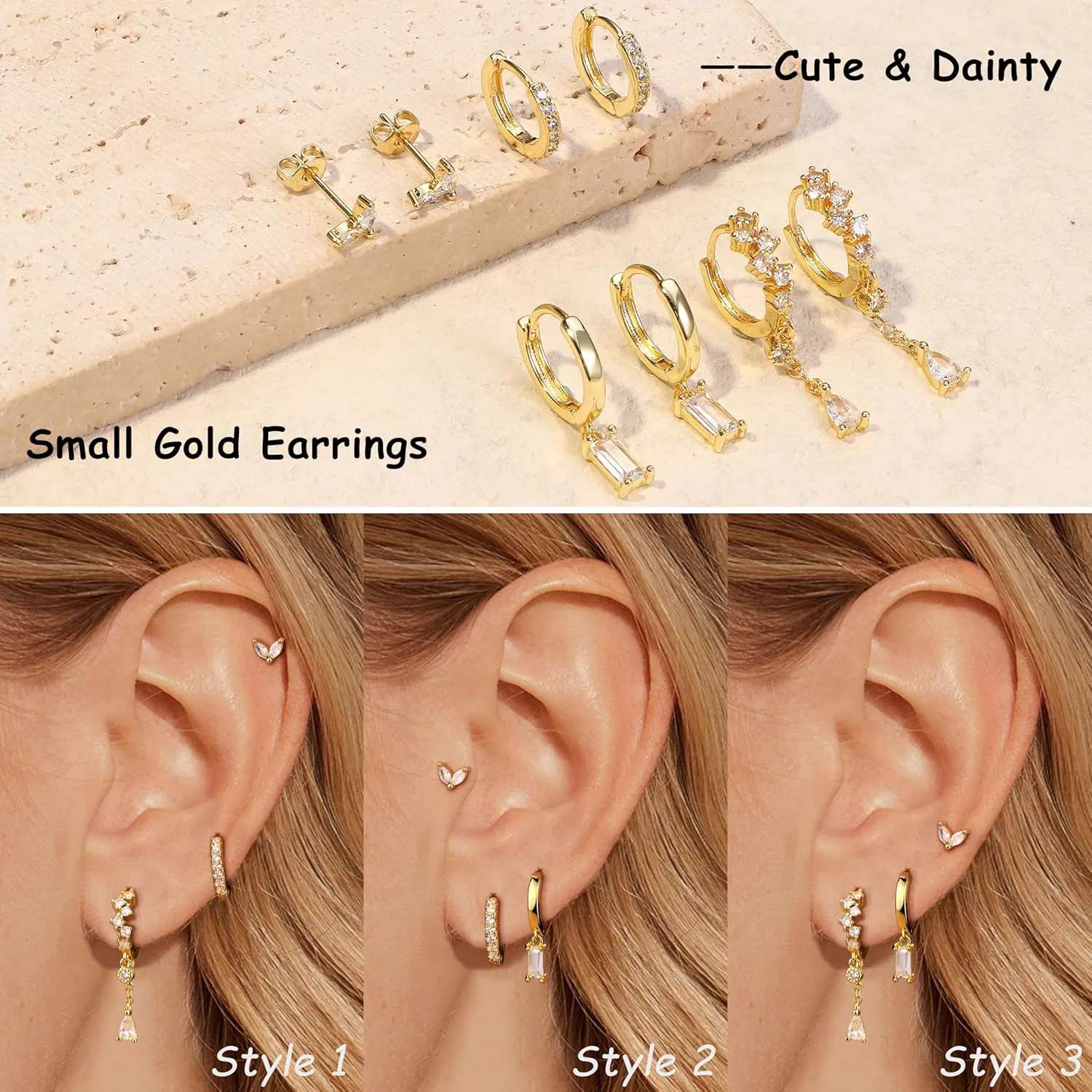 Small Gold Dangle Earrings for Women - Hypoallergenic 14K Gold Plated Huggie Hoop Earring Studs Stack Set Dainty Drop CZ Pearl Surgical Stainless Steel Jewelry with Charm
