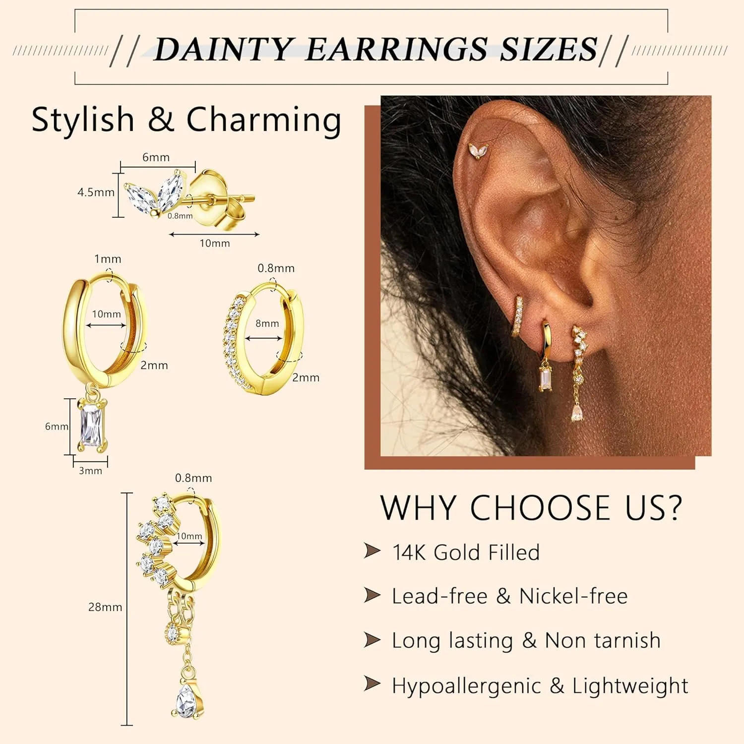 Small Gold Dangle Earrings for Women - Hypoallergenic 14K Gold Plated Huggie Hoop Earring Studs Stack Set Dainty Drop CZ Pearl Surgical Stainless Steel Jewelry with Charm